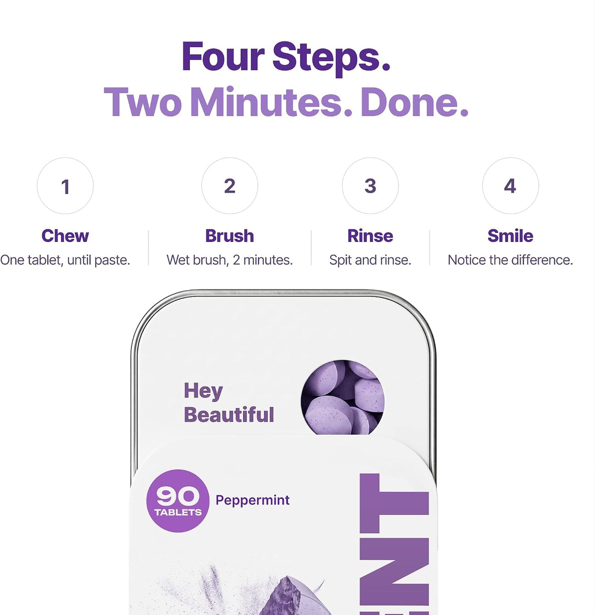 DR.DENT Purple Toothpaste Tablets with Hydroxyapatite & PAP | Fluoride-Free, SLS-Free, Vegan | Purple Tone-Correcting Formula | 90 Chewable Tablets per Tin