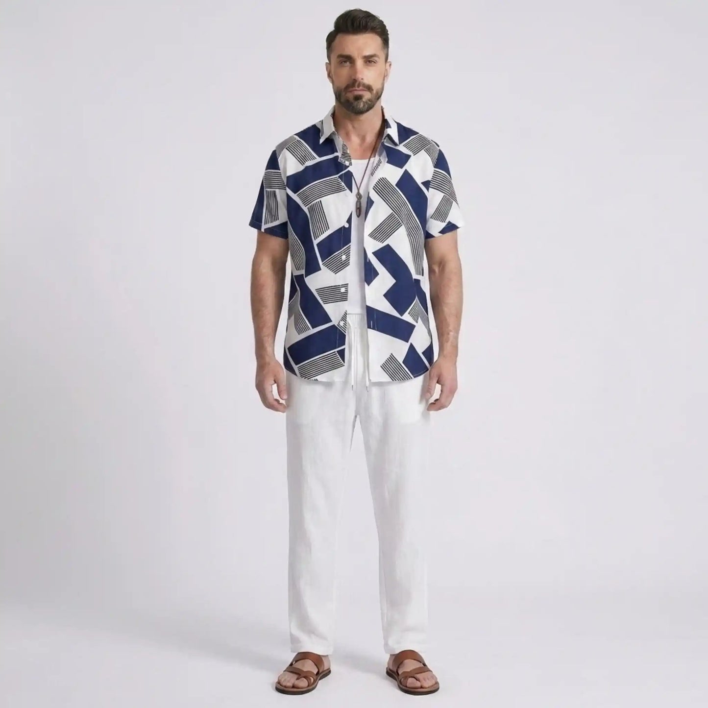 Ethan | Modern Color Block Print Shirt & Straight Leg Pants Set for Men 9
