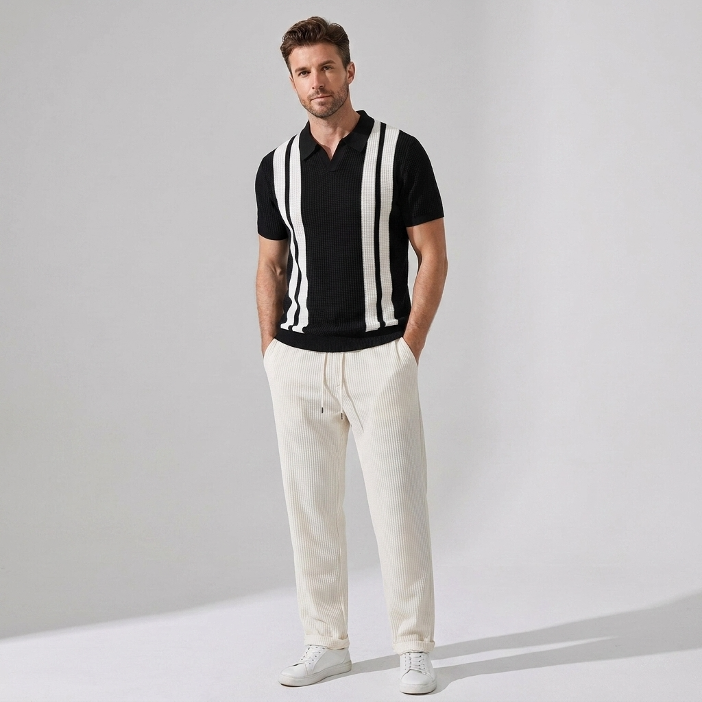 Ethan | Stylish Striped Polo Shirt And Waffle Pants Set 10
