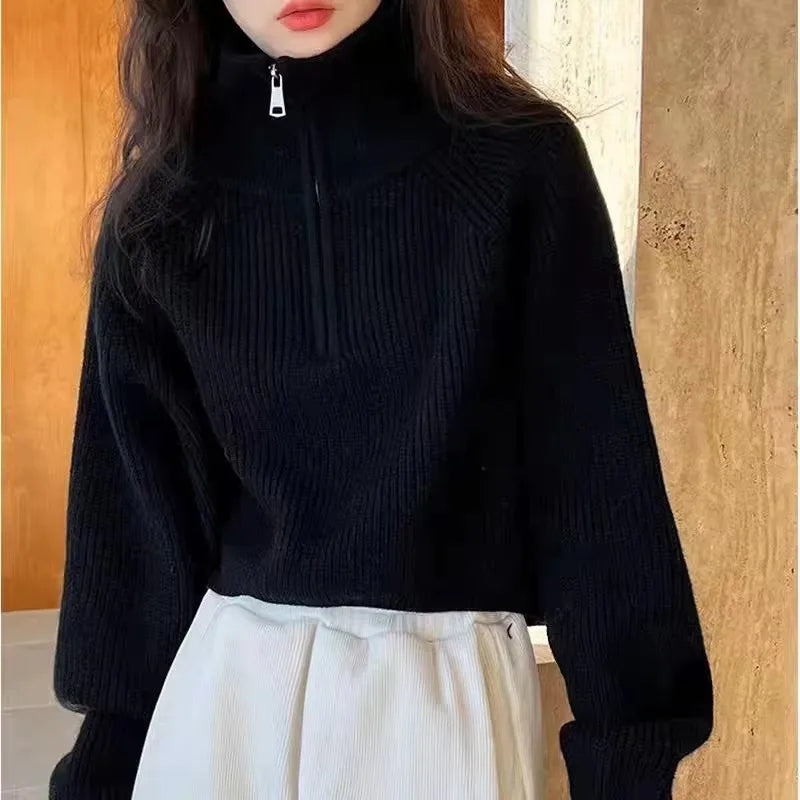 Half Zip Collar Sweater Women Pullovers Soft Knitted Long Sleeve Short Jumper Fall Winter Teen-girl Korean Fashion Outfit 7