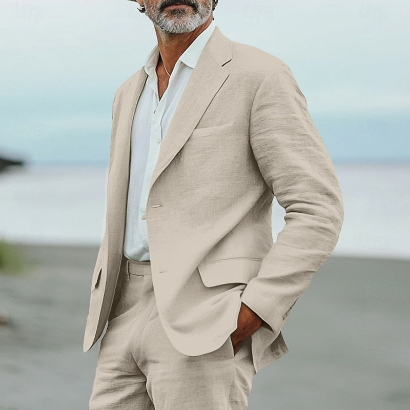 Men's Linen Suit with Notched Lapel and Flat-Front Trousers 2
