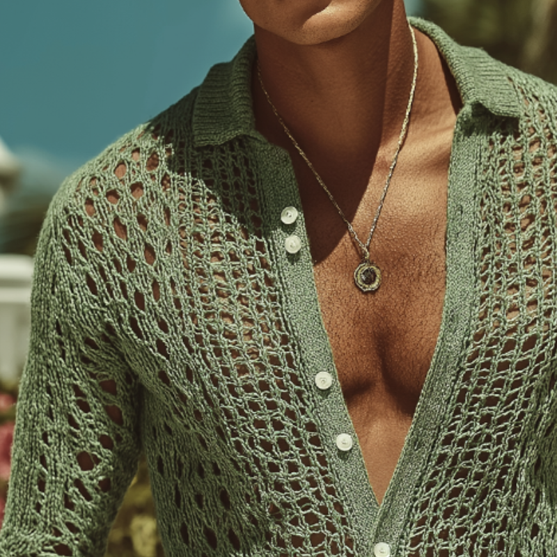 Men's Open-Knit Long-Sleeve Shirt with Lapel Collar 4