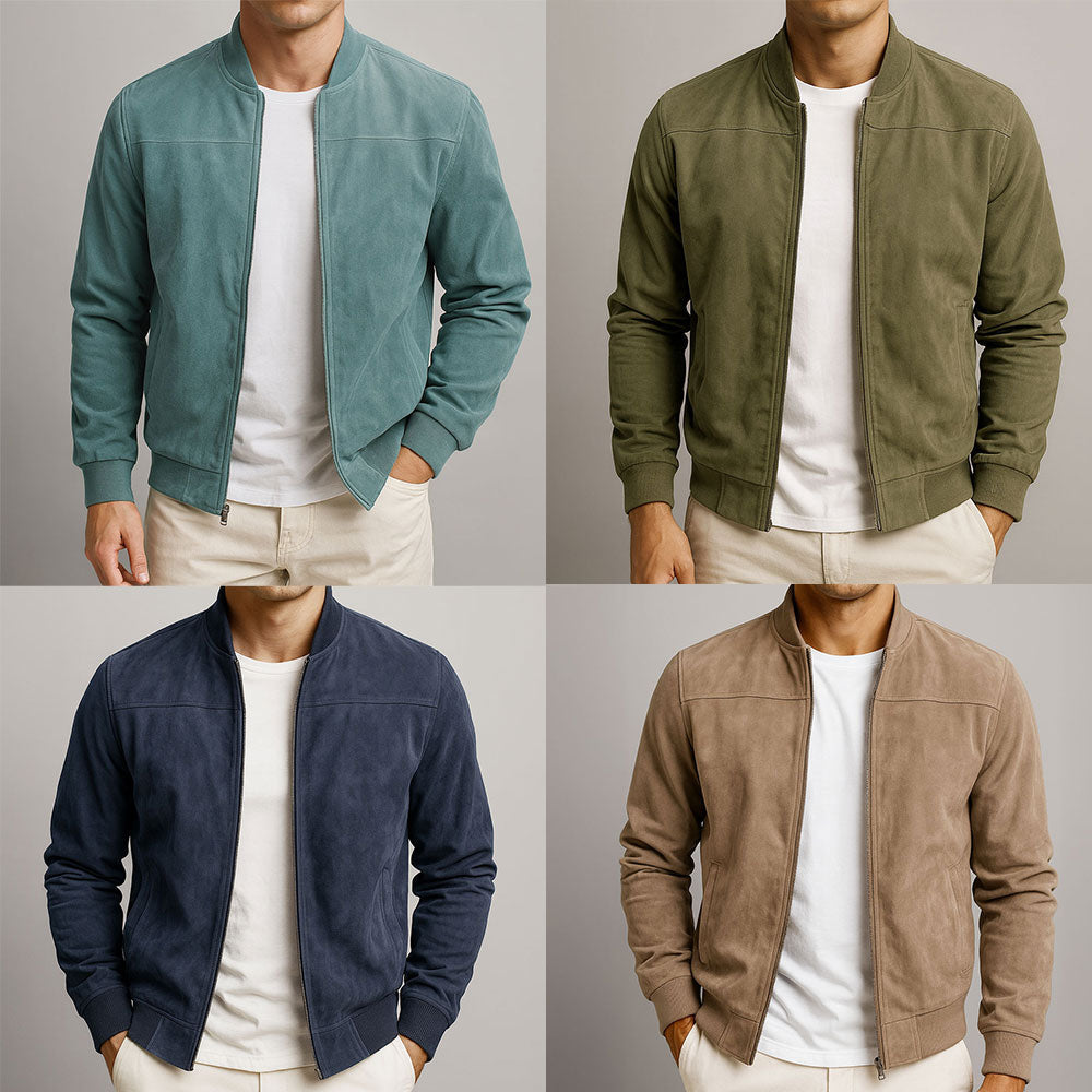 Men's Suede Bomber Jacket with Zip Front and Rib Trim 6