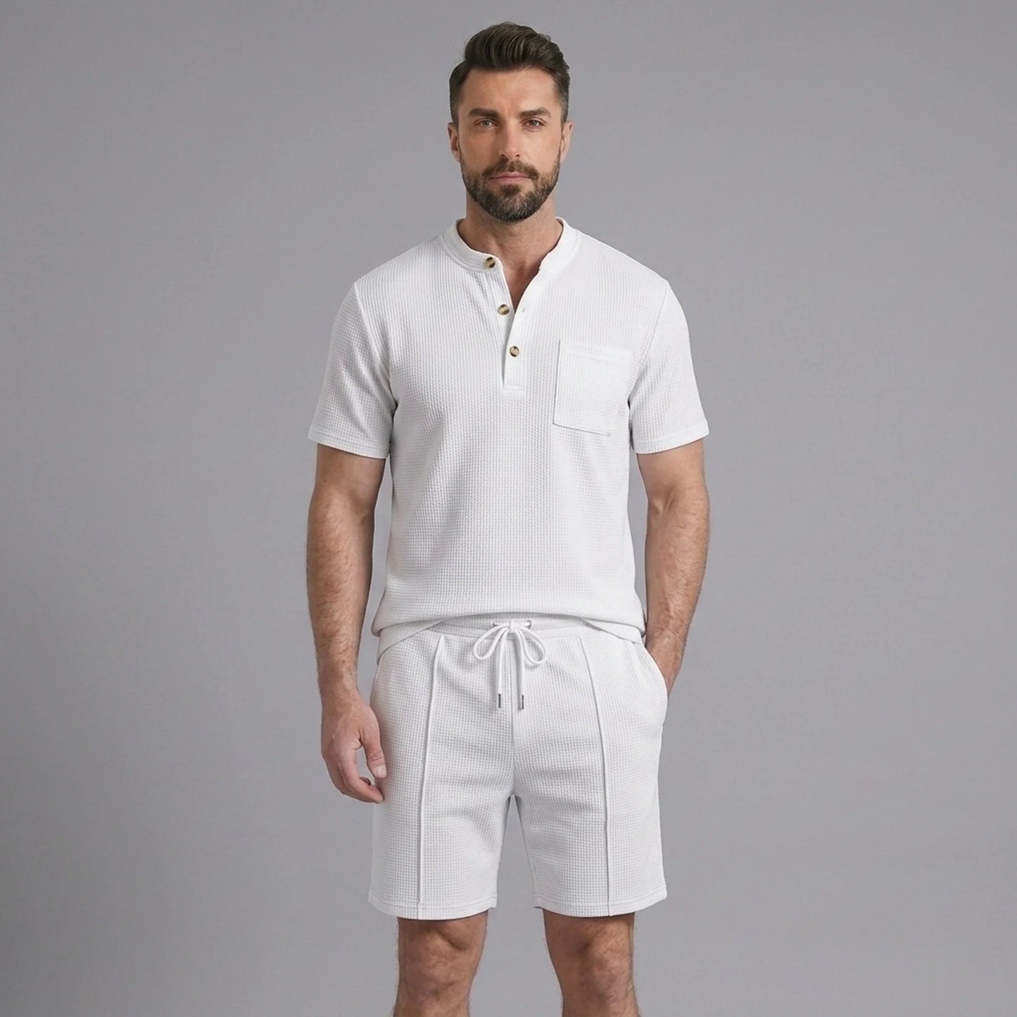 Men’s Waffle Stand Collar Shirt & Drawstring Shorts Set – Summer Outfit 12