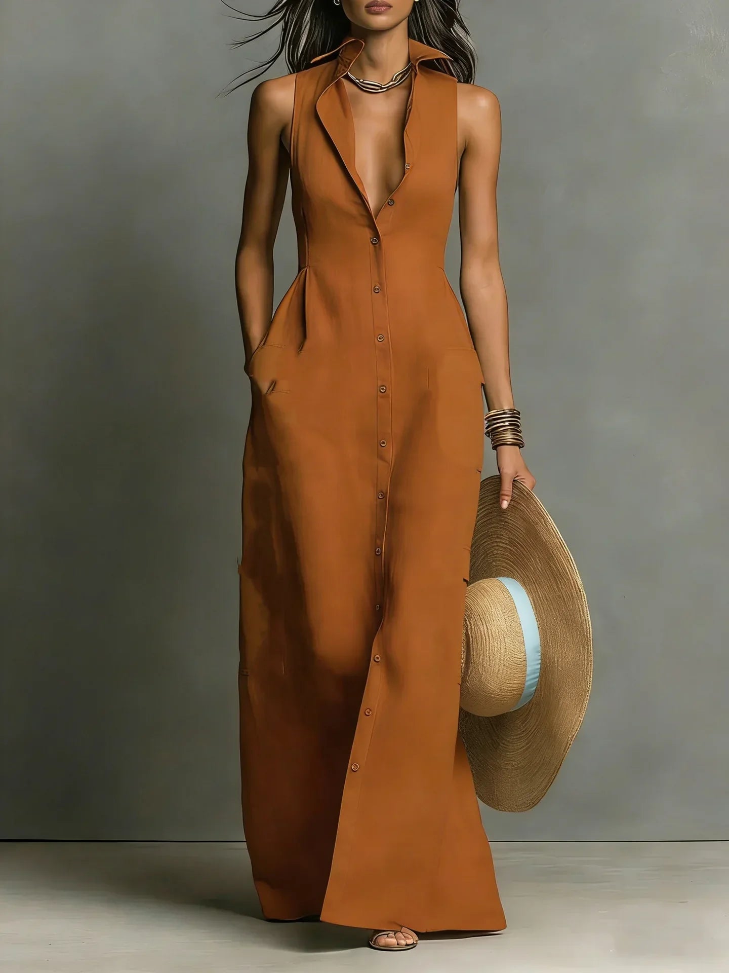 Paula | Women's Button Down Sleeveless Maxi Dress 6