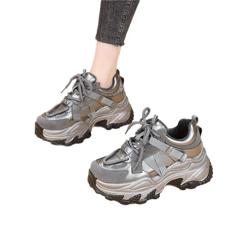 Slimming Lightweight Casual Shoes for Short Women Dad Sneakers Fall Winter New Style Hand-Painted Balance Pigskin Leather 5