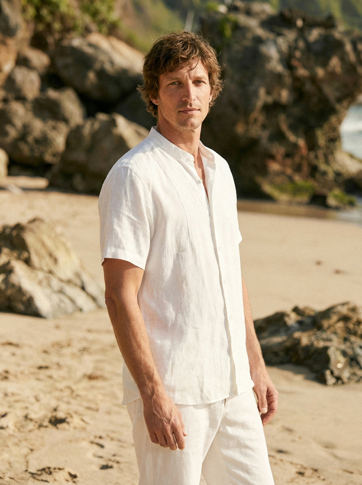 100% Linen Band-Collar Elbow-Sleeve Shirt CHARLES 3