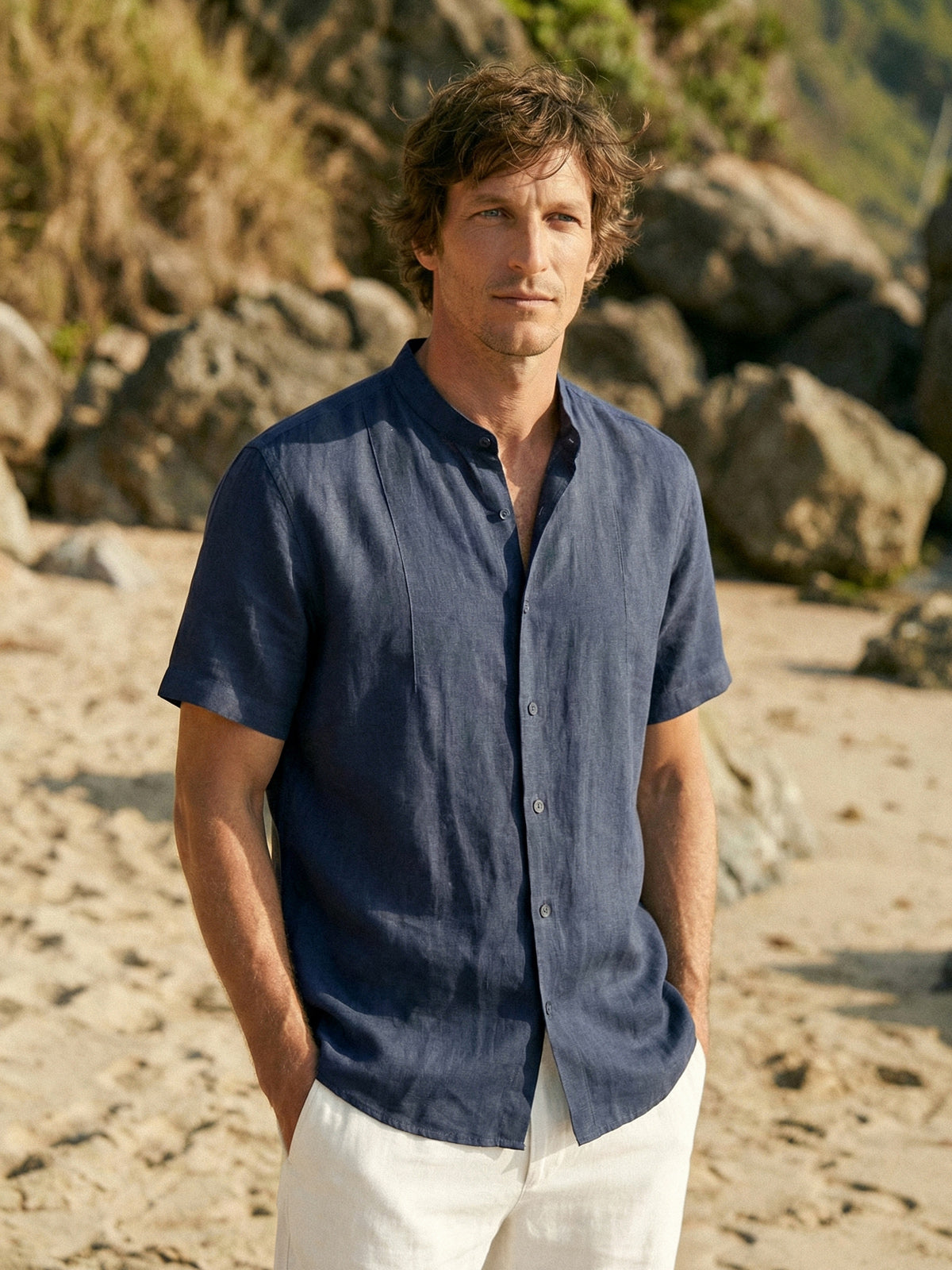100% Linen Band-Collar Elbow-Sleeve Shirt CHARLES 6