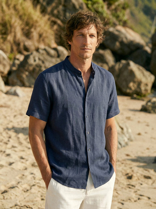 100% Linen Band-Collar Elbow-Sleeve Shirt CHARLES 6