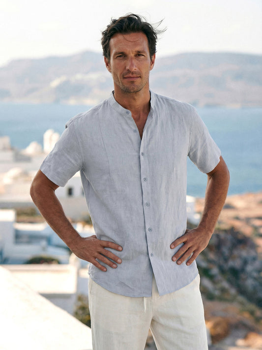 100% Linen Band-Collar Elbow-Sleeve Shirt CHARLES 9