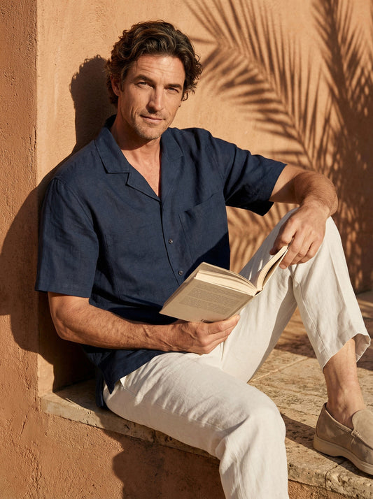 100% Linen Camp-Collar Elbow-Sleeve Shirt HENRY 1