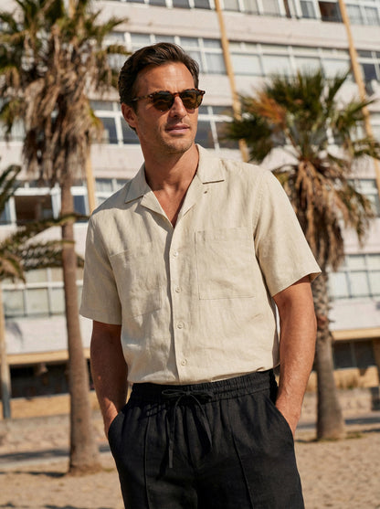 100% Linen Camp-Collar Elbow-Sleeve Shirt HENRY 5