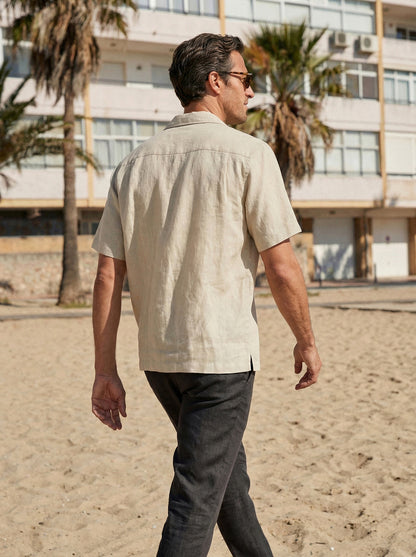 100% Linen Camp-Collar Elbow-Sleeve Shirt HENRY 6
