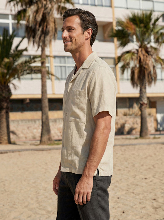 100% Linen Camp-Collar Elbow-Sleeve Shirt HENRY 7