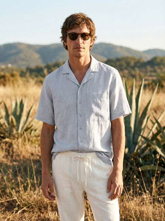 100% Linen Camp-Collar Elbow-Sleeve Shirt HENRY 8