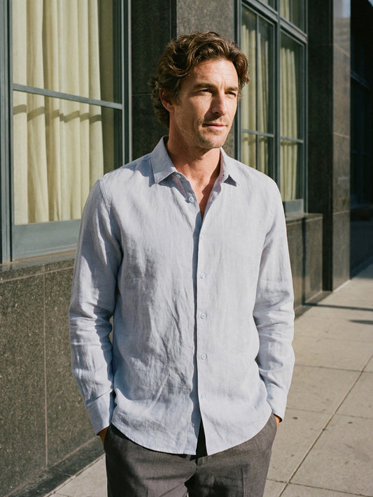 100% Linen Classic-Collar Curved-Hem Long Sleeve Shirt ARTHUR 0