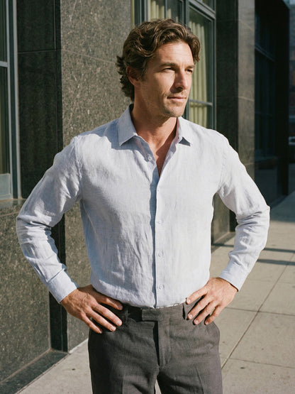 100% Linen Classic-Collar Curved-Hem Long Sleeve Shirt ARTHUR 1