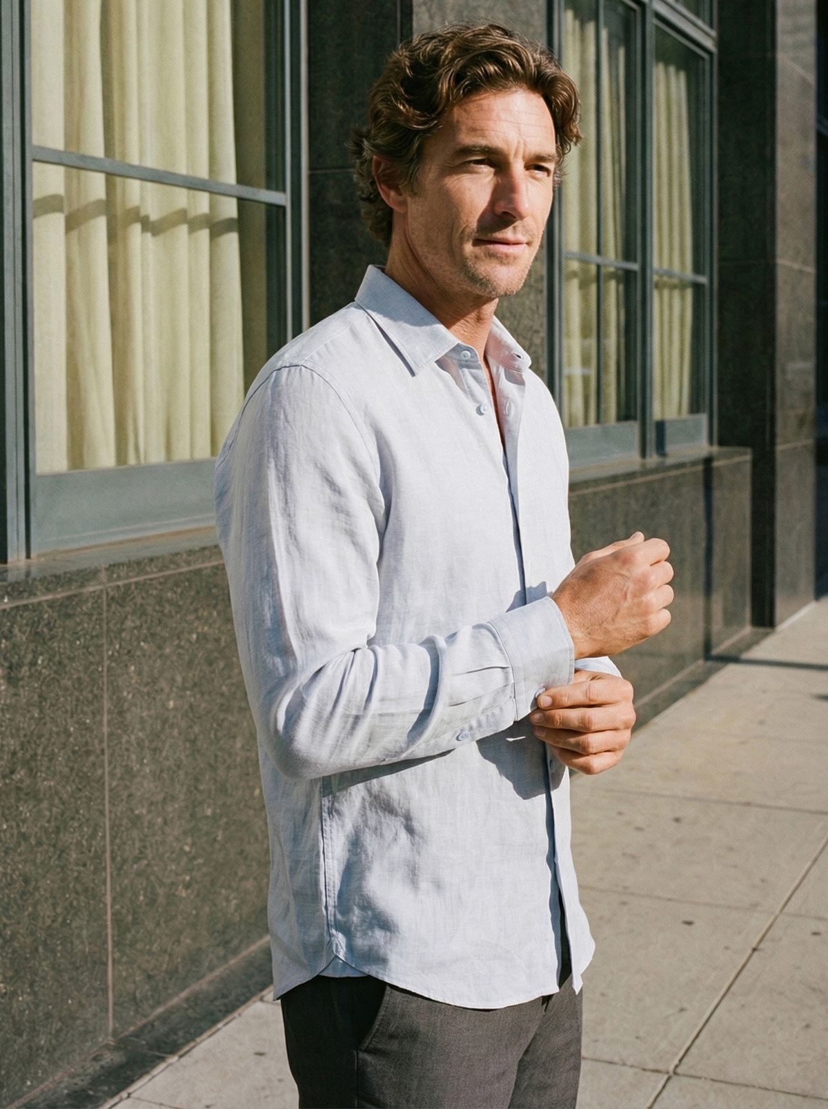 100% Linen Classic-Collar Curved-Hem Long Sleeve Shirt ARTHUR 2