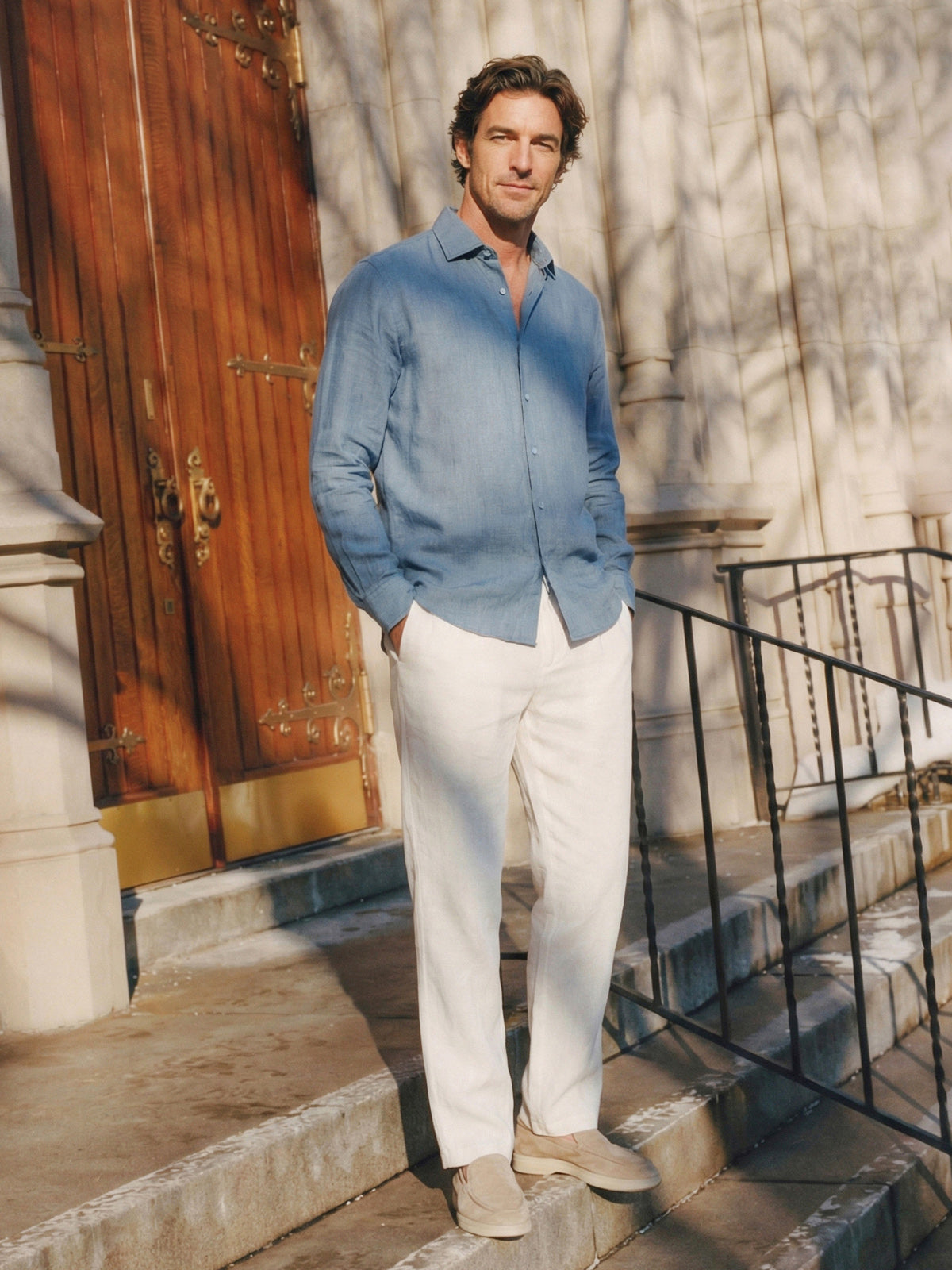 100% Linen Classic-Collar High-Low Hem Long Sleeve Shirt WILLIAM 1