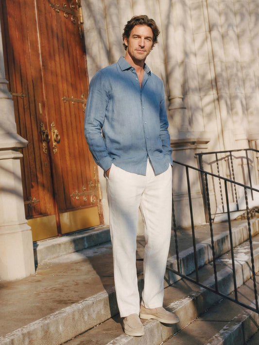 100% Linen Classic-Collar High-Low Hem Long Sleeve Shirt WILLIAM 1