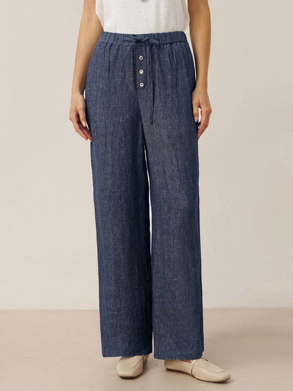 100% Linen Denim Texture Elastic Waist Straight Leg Pants HAZEL 0