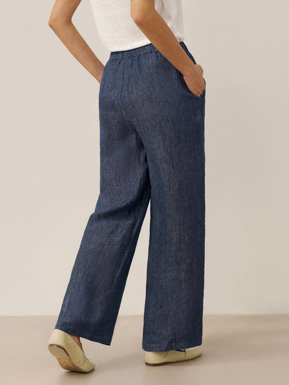 100% Linen Denim Texture Elastic Waist Straight Leg Pants HAZEL 1