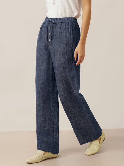 100% Linen Denim Texture Elastic Waist Straight Leg Pants HAZEL 2