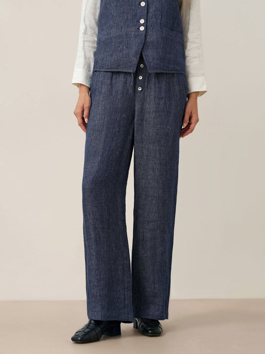 100% Linen Denim Texture Elastic Waist Straight Leg Pants HAZEL 3