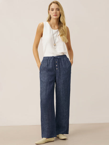 100% Linen Denim Texture Elastic Waist Straight Leg Pants HAZEL 4