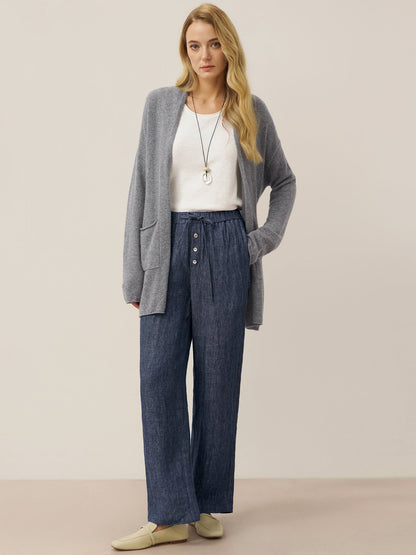 100% Linen Denim Texture Elastic Waist Straight Leg Pants HAZEL 5