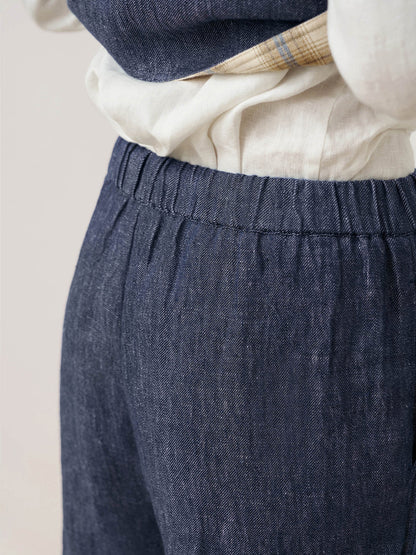 100% Linen Denim Texture Elastic Waist Straight Leg Pants HAZEL 6