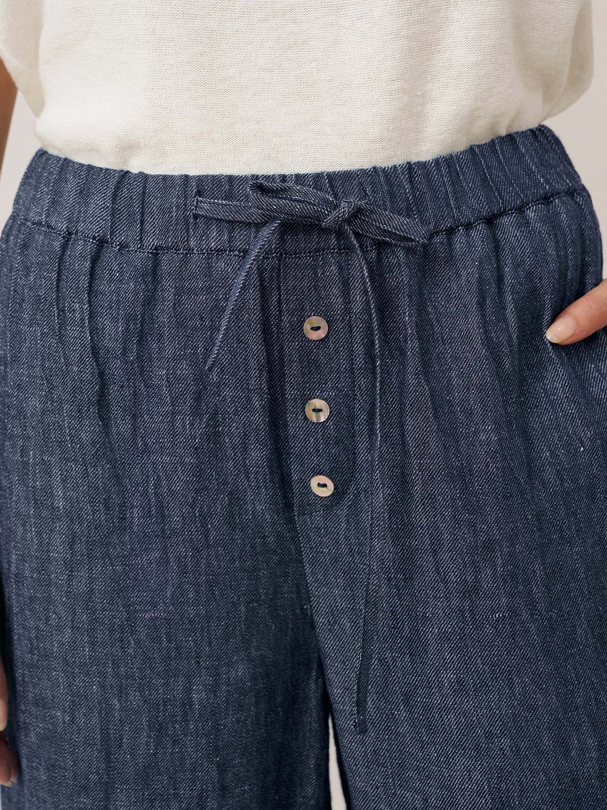 100% Linen Denim Texture Elastic Waist Straight Leg Pants HAZEL 7