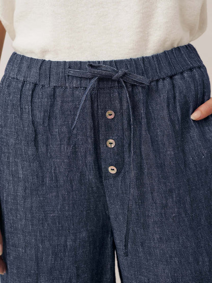 100% Linen Denim Texture Elastic Waist Straight Leg Pants HAZEL 7