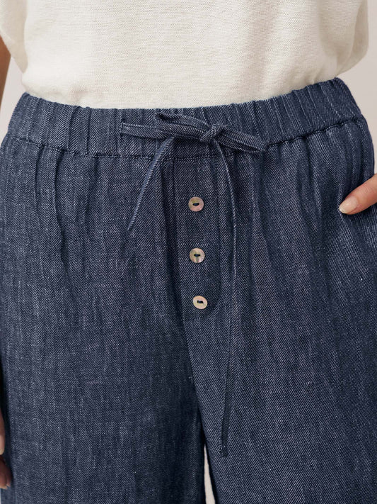 100% Linen Denim Texture Elastic Waist Straight Leg Pants HAZEL 7