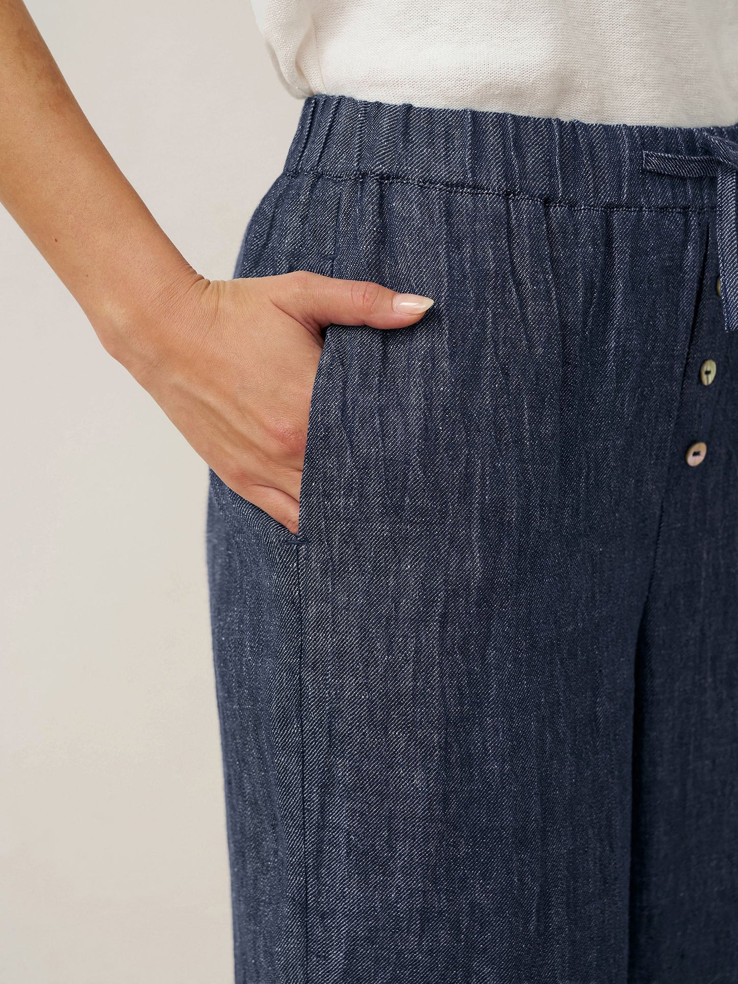 100% Linen Denim Texture Elastic Waist Straight Leg Pants HAZEL 8