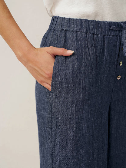 100% Linen Denim Texture Elastic Waist Straight Leg Pants HAZEL 8