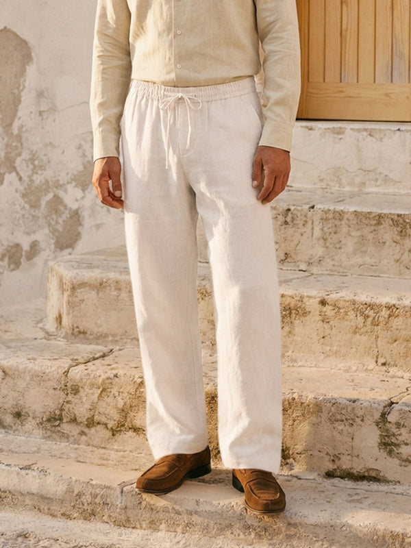 100% Linen Drawstring Straight-Leg Trousers THEODORE 0