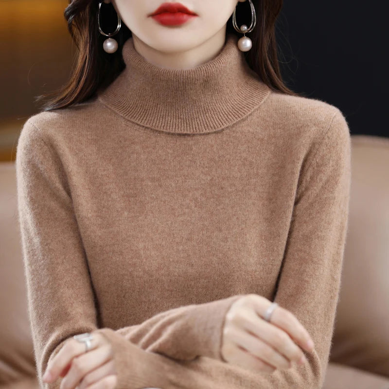 100% Merino Wool Cashmere Sweater Women Knitted Sweater Turtleneck Long Sleeve Pullovers Autumn Winter Clothing Warm Jumper Tops 12