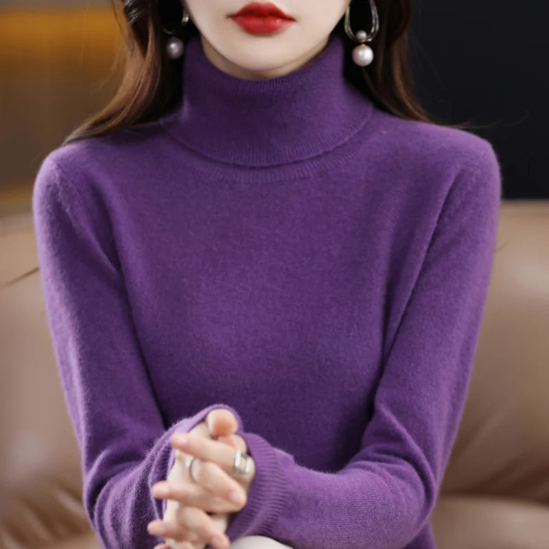 100% Merino Wool Cashmere Sweater Women Knitted Sweater Turtleneck Long Sleeve Pullovers Autumn Winter Clothing Warm Jumper Tops 13