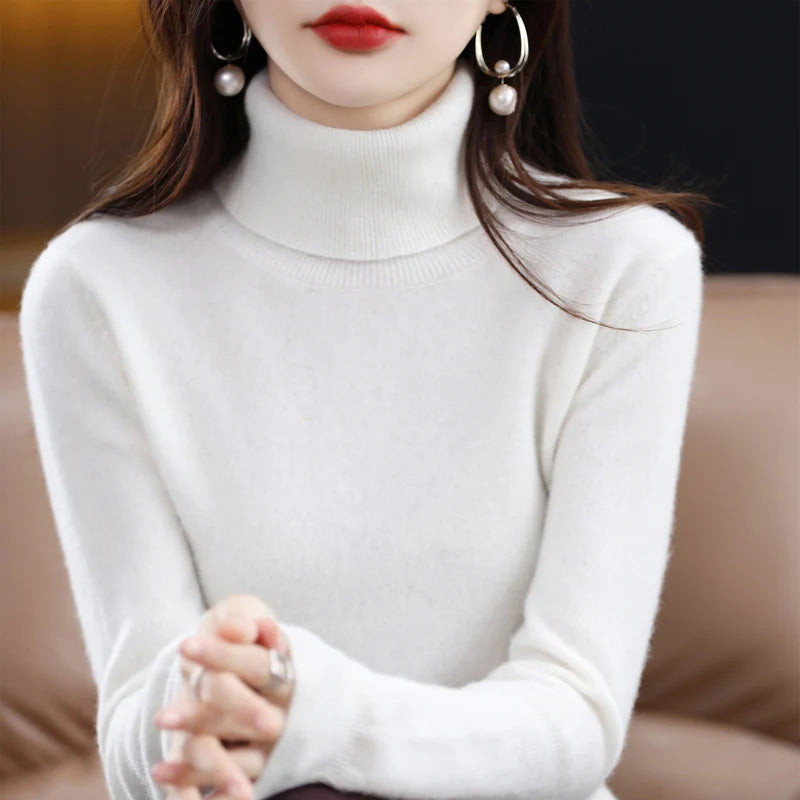 100% Merino Wool Cashmere Sweater Women Knitted Sweater Turtleneck Long Sleeve Pullovers Autumn Winter Clothing Warm Jumper Tops 14