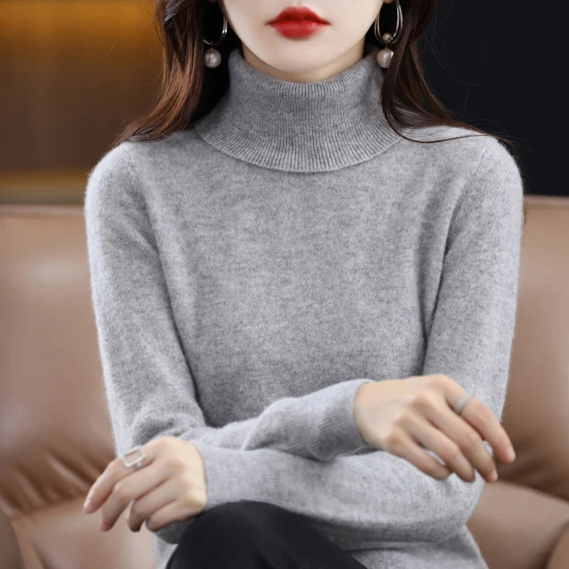 100% Merino Wool Cashmere Sweater Women Knitted Sweater Turtleneck Long Sleeve Pullovers Autumn Winter Clothing Warm Jumper Tops 2
