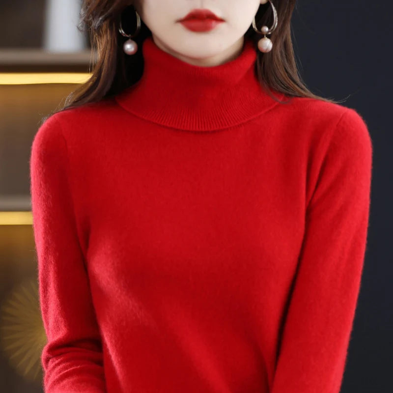 100% Merino Wool Cashmere Sweater Women Knitted Sweater Turtleneck Long Sleeve Pullovers Autumn Winter Clothing Warm Jumper Tops 4