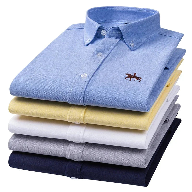 100% Pure Cotton Men's Long Sleeve Shirt Business Casual Solid Color Embroidered Oxford Spun Shirt 0