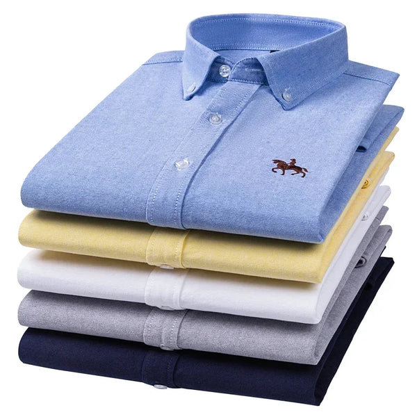 100% Pure Cotton Men's Long Sleeve Shirt Business Casual Solid Color Embroidered Oxford Spun Shirt 0