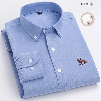 100% Pure Cotton Men's Long Sleeve Shirt Business Casual Solid Color Embroidered Oxford Spun Shirt 1