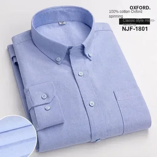 100% Pure Cotton Men's Long Sleeve Shirt Business Casual Solid Color Embroidered Oxford Spun Shirt 10