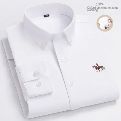 100% Pure Cotton Men's Long Sleeve Shirt Business Casual Solid Color Embroidered Oxford Spun Shirt 11