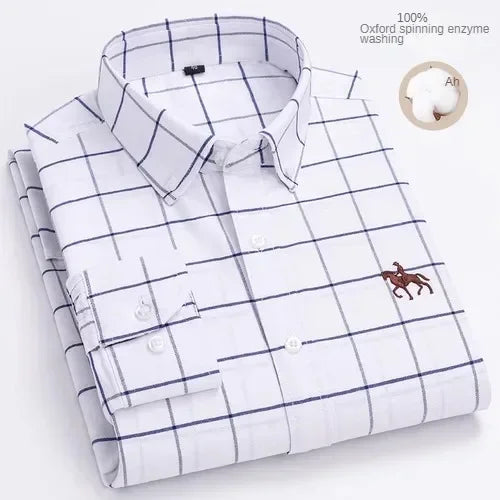100% Pure Cotton Men's Long Sleeve Shirt Business Casual Solid Color Embroidered Oxford Spun Shirt 12