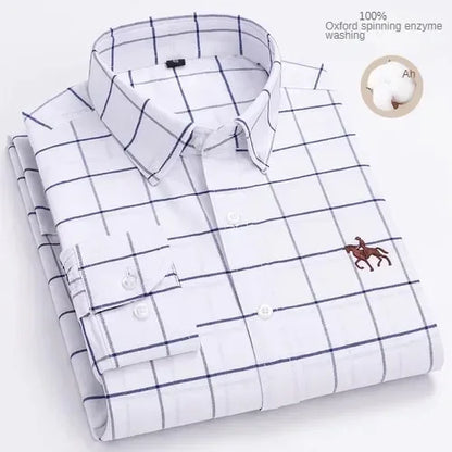 100% Pure Cotton Men's Long Sleeve Shirt Business Casual Solid Color Embroidered Oxford Spun Shirt 12