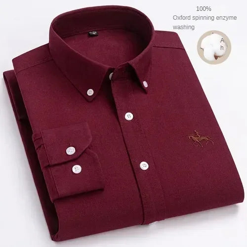 100% Pure Cotton Men's Long Sleeve Shirt Business Casual Solid Color Embroidered Oxford Spun Shirt 13